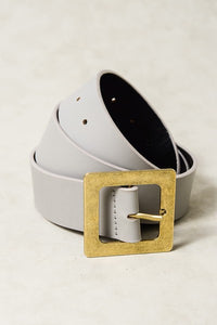 Grey Leather Belt Large Gold Square Buckle | Bella Lucca Boutique