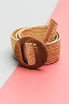 Tan Woven Stretchy Belt Round Brown Wooden Buckle | Bella Lucca Boutique