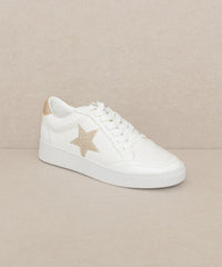 White Vegan Leather Sneakers Gold Rhinestone Star Detail | Bella Lucca Boutique