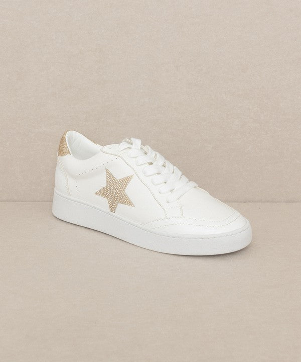 White Vegan Leather Sneakers Gold Rhinestone Star Detail | Bella Lucca Boutique