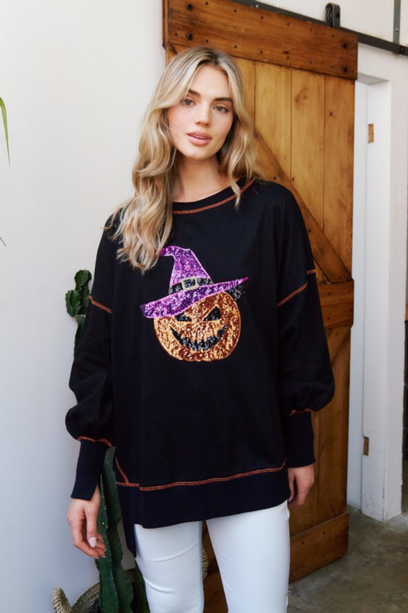 Black Oversized Sequin Pumpkin Knit Pullover | Bella Lucca Boutique