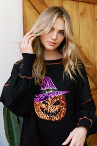 Black Oversized Sequin Pumpkin Knit Pullover | Bella Lucca Boutique