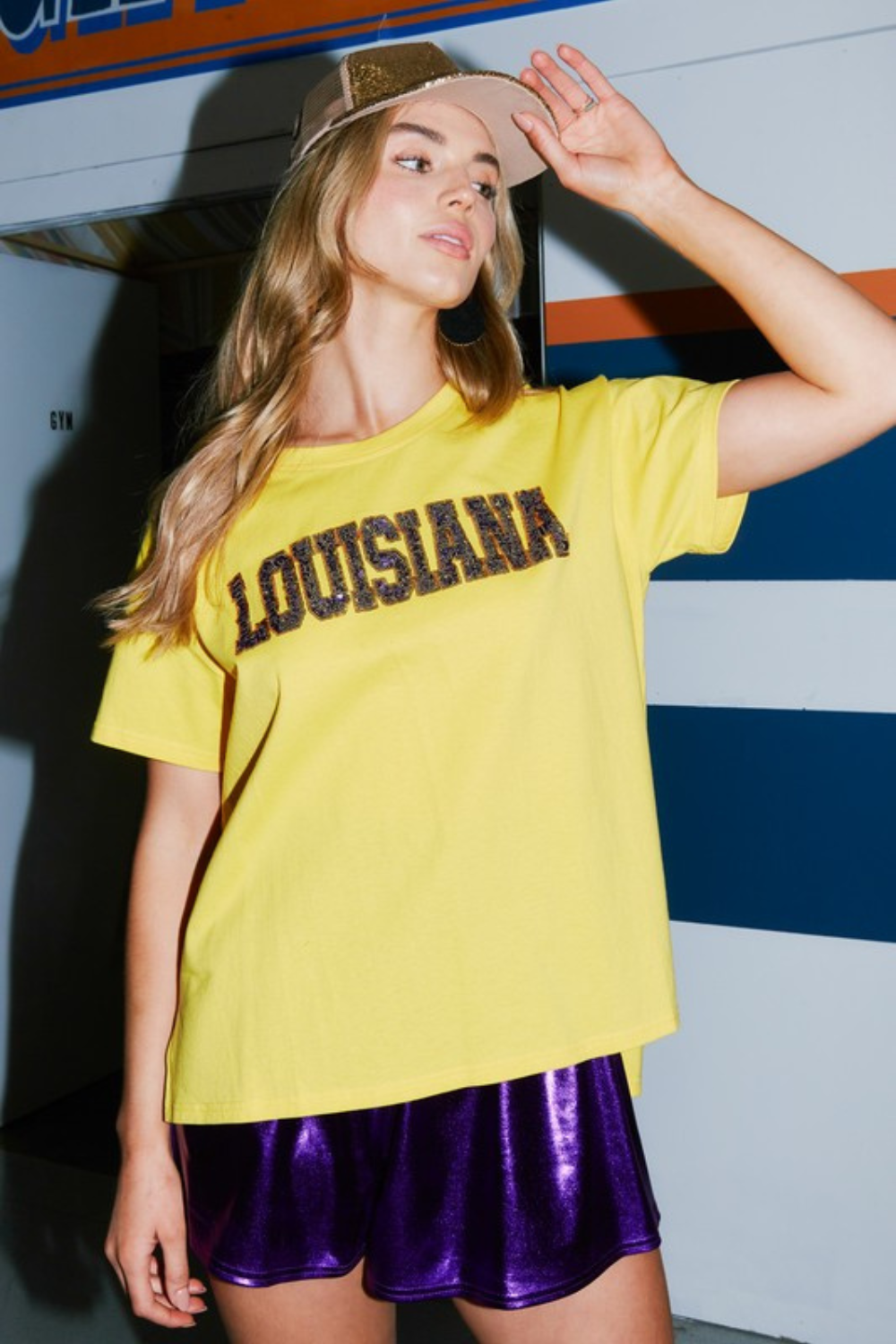 Fantastic Fawn Purple & Gold Louisiana Sequin Lettering Tee | Bella Lucca Boutique Large