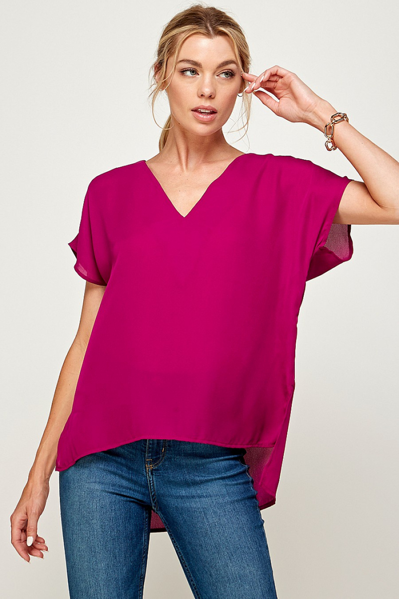 Magenta Pink V-Neck Satin Blouse | Bella Lucca Boutique