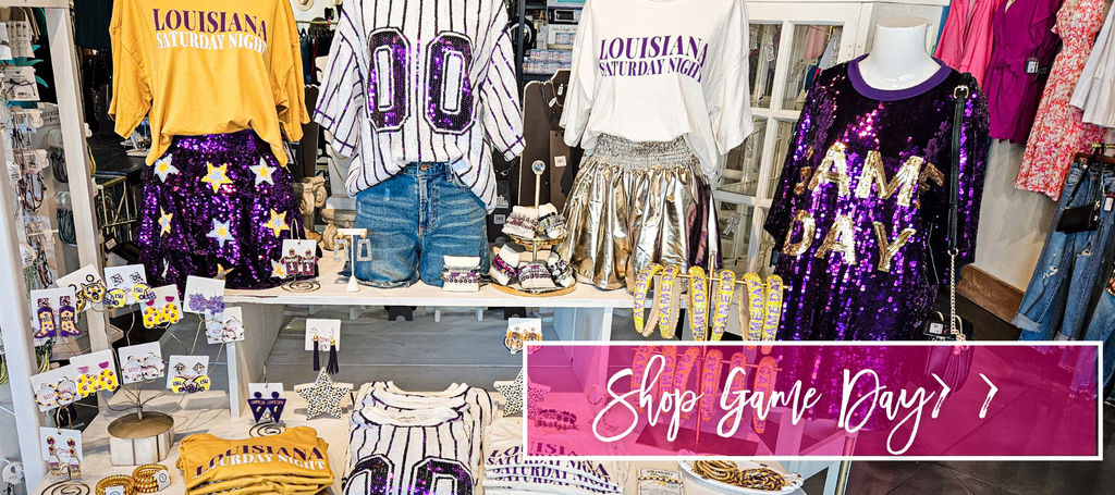 Fantastic Fawn Purple & Gold Louisiana Sequin Lettering Tee | Bella Lucca Boutique Large