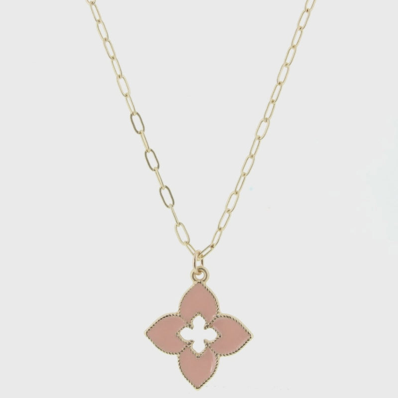 Gold Paperclip Chain Peach Quatrefoil Pendant  Bella Lucca Boutique