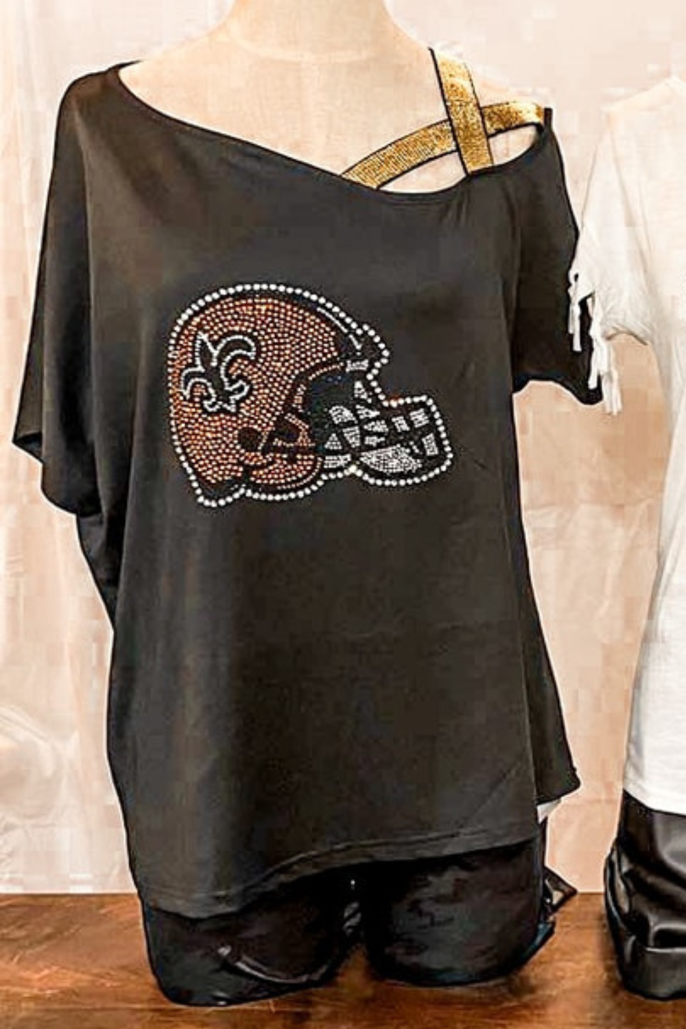 Rhinestone Saints Football Metallic Gold Shoulder Strap Game Day Top | Bella Lucca Boutique